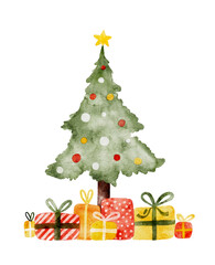 Watercolor Christmas tree decorated gift boxes and ornaments cut out from background