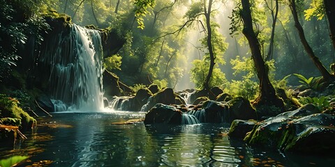 Wallpaper representing a waterfall in a forest. The detailed image captures emotion and movement in a serene setting.