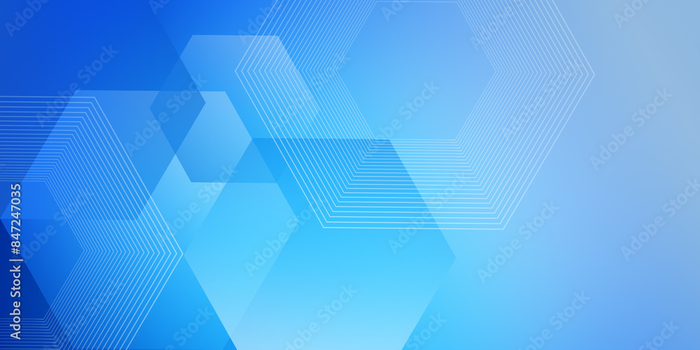 Poster modern abstract blue background with glowing geometric lines. blue gradient hexagon shape design. fu