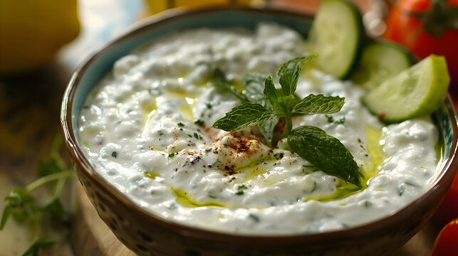 A bowl of freshly made fast food tzatziki with vibrant ingredients and rich flavors