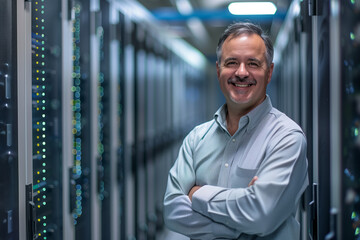 Engineer Standing and Posing with Crossed Arms in the Middle of a Working Data Center Server Room with Server Computers Working on a Rack. Generative AI