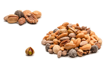 A group of almonds, pistachios, walnuts, macadamia, cashews.