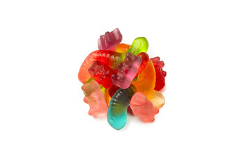 Assorted colorful gummy candies isolated on a white background. Top view. Jelly  sweets.