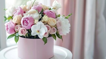 Obraz premium a pink and white flower arrangement in a round pink box, set on a small stool against a sunlit white background, epitomizing beautiful modern home decor.
