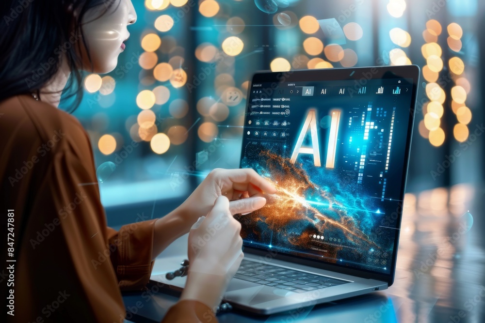 Aufkleber ai developer working on laptop with digital interface and neon lights in modern office setting