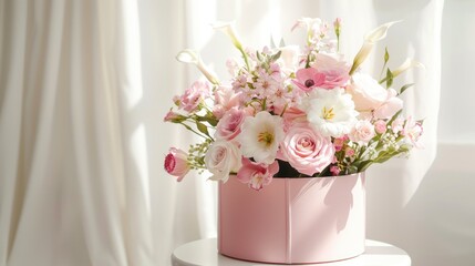 a pink and white flower arrangement in a round pink box, set on a small stool against a sunlit white background, epitomizing beautiful modern home decor.