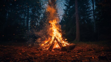 Rustic Bonfire in Forest Clearing Under Night Sky