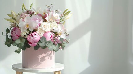Fototapeta premium a pink and white flower arrangement in a round pink box, set on a small stool against a sunlit white background, epitomizing beautiful modern home decor.