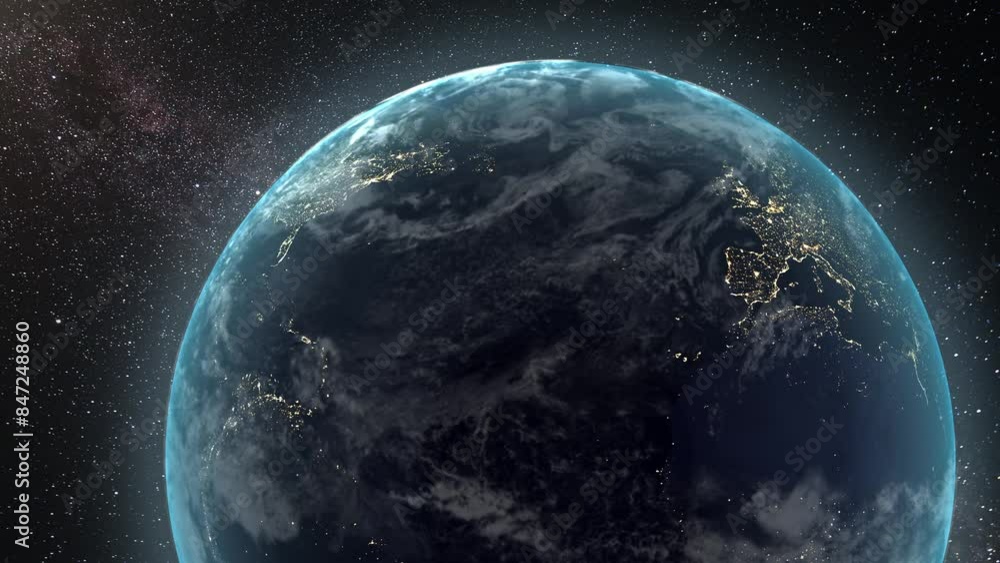 Wall mural looped repetitive rotation of planet from near-earth orbit. complete circular rotation of the planet