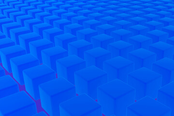 Perfectly symmetrically arranged blue cubes provide a harmonious and orderly background structure. This geometrically precise arrangement of blue cubes showcases impressive structure and order.