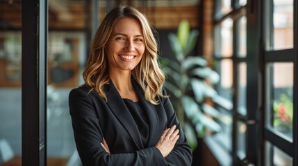 Happy confident business woman leader looking away standing in office. Smiling professional businesswoman manager executive, female worker feeling cheerful thinking of financial success.