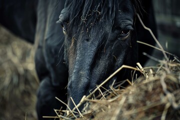 Black horse eating hay in the farm on blur background