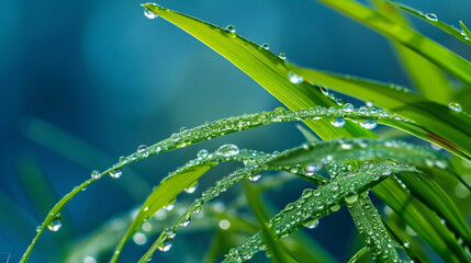 A macro closeup photo of green grass with natural sun light and water drops on leaves in a rainy...