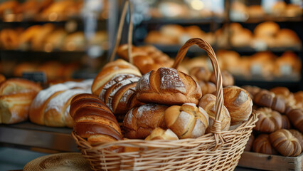A basket filled with assorted fresh pastries and bread in a bakery, showcasing a delicious variety of baked goods.

