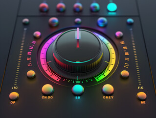 Leuchtende Bunte Neon LED Pegel und Tastaturen an den technischen Musik Ger&auml;ten in modernster High Tech