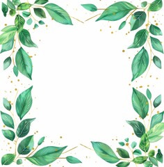 Fototapeta premium Handdrawn cartoon frame with green leaves and golden geometric shapes 