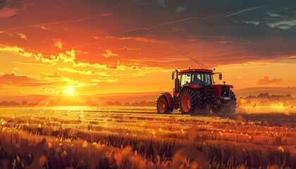 Fototapeta premium Tractor in a Field at Sunset