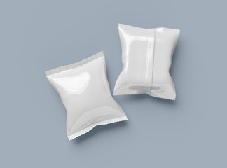 3D render of a glossy generic, sealed snack packaging bag with crimped edges on a light background