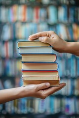 Close-up of hands passing a stack of books against a blurred bookshelf background, symbolizing knowledge sharing and book exchange.