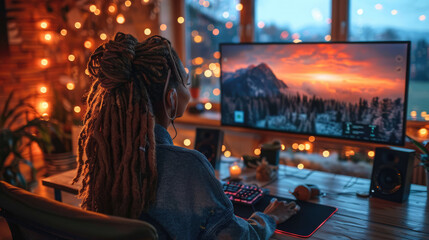 Fototapeta premium A person in casual attire having a virtual meeting with multiple participants on a computer screen, cozy home background