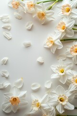 Obraz premium Elegant arrangement of white daffodils with petals scattered on a white background, creating a delicate and serene floral composition.