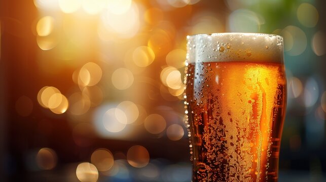 Refreshing cold beer in a glass with foam, captured in warm, ambient lighting, perfect for a relaxing outdoor evening.