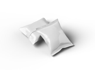 3D render of a glossy generic, sealed snack packaging bag with crimped edges on a transparent background