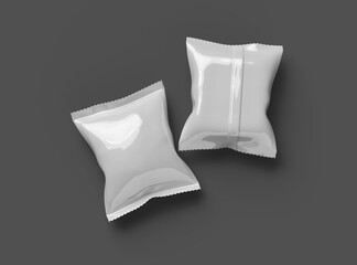 3D render of a glossy generic, sealed snack packaging bag with crimped edges on a dark background