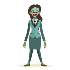 Zombie woman wearing business attire standing isolated white background vector illustration. Greenskinned female zombie formal office suit staring straight wearing high heels. Cartoon undead