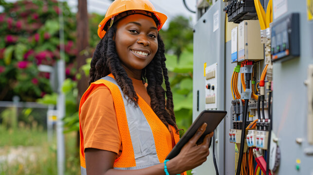Confident young woman in hard hat using tablet for work at an outdoor electrical cabinet