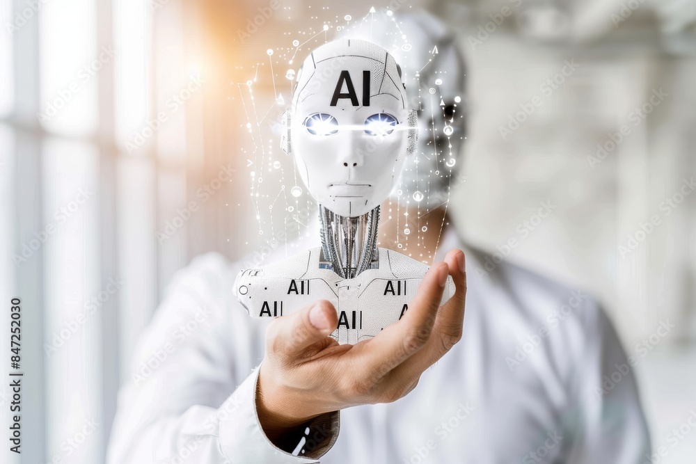 Poster futuristic ai concept with humanoid robot and holographic data interface