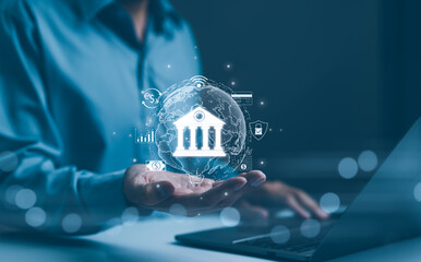 Digital Banking and Financial Technology Concept. A person presents digital banking and financial...