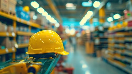 National safety month at work, Labour day with safety yellow hat with blur store inventory background