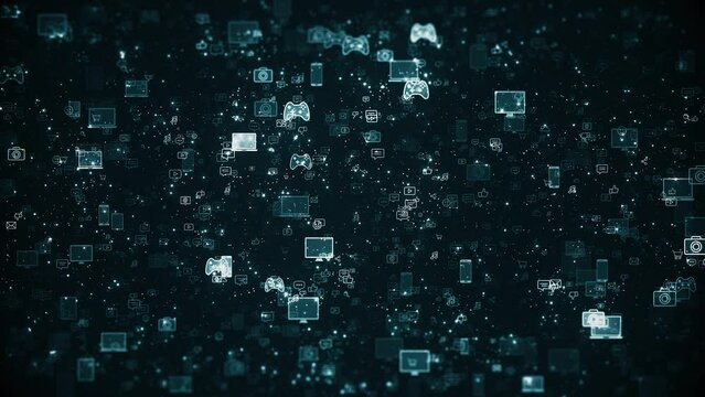 Internet Online Space. Flying Gadget Icons and Particles. Dark Blue Tech Background. Looped video.