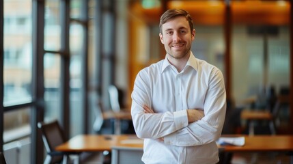 Portrait of a cheerful businessman with folded arms standing in a conference room. Happy young businessman in shirt looking