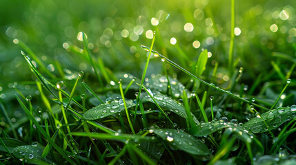 A macro closeup photo of green grass with natural sun light and water drops in a rainy day 