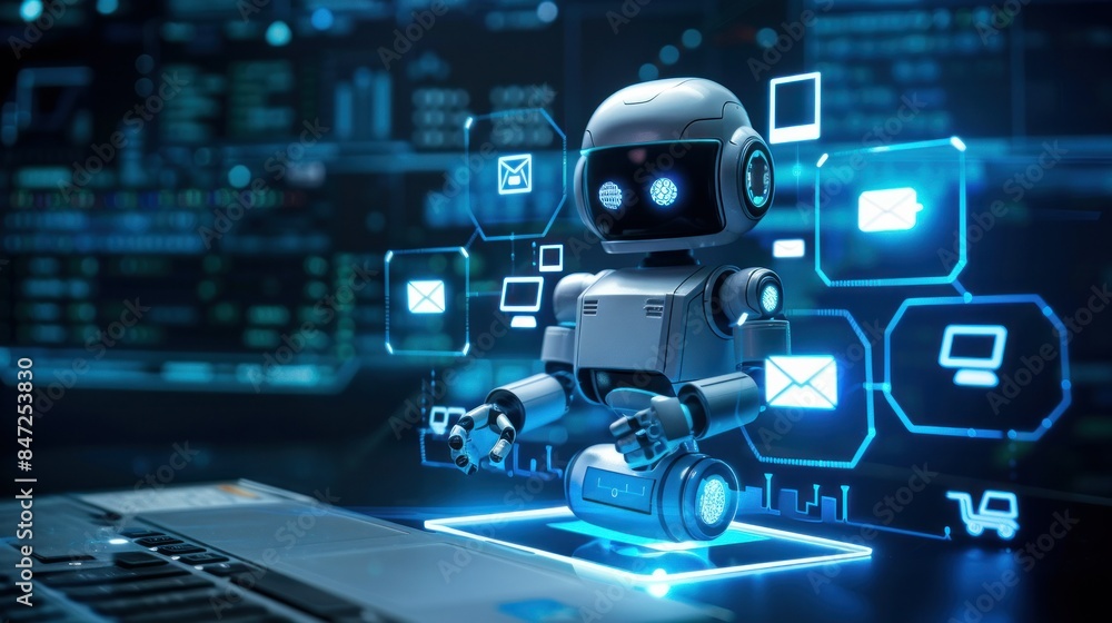 Poster robot using pc computer, ai icons hologram, chat bot.
