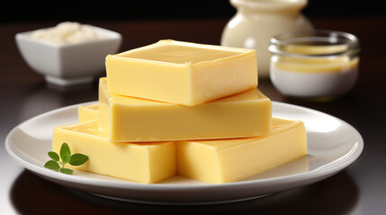 Butter Slices in White Plate and Dairy on Dark Background