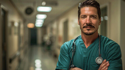 Obraz premium Confident male nurse with stethoscope demonstrating care and expertise in a hospital corridor