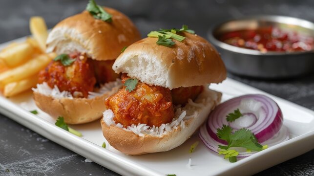 Two Vada pav served with condiments on a white platter against a gray or black backdrop