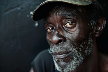 Close up portrait of an african farmer with a tired expression, highlighting the challenges of agricultural life