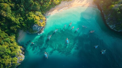 Obraz premium Aerial View of Pristine Beach with Traditional Boats and Lush Greenery