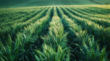 Green Wheat Field in the Sunset Light
