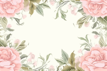Watercolor illustration of delicate pink roses and green leaves bordering a white background