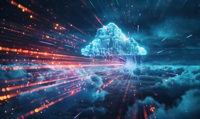 Digital informational technology web futuristic hologram with cloud icon, blue golden light digits and code background, cloud computing. Abstract Motion of digital data flow