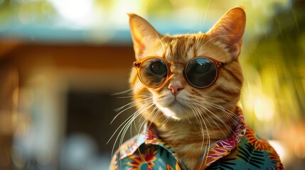 Cool Cat in Sunglasses and Tropical Shirt Posing Outdoors in the Sunshine