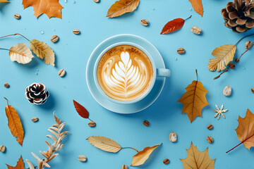 Cup of coffee with latte art coffee on a blue background with fallen leaves and cones Autumn coffee concept for cafe, flat lay.