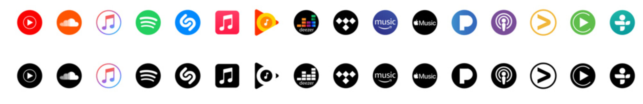 youtube music, soundcloud, apple music, spotify, deezer, tidal, amazon music, smule, google. Popular music song streaming brand icons. Editorial color and black logo set for popular music streaming se