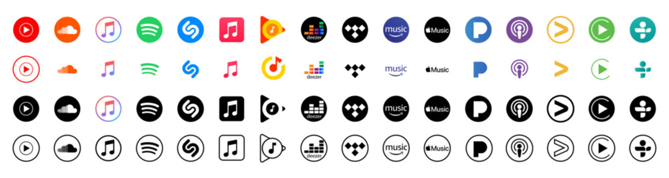 youtube music, soundcloud, apple music, spotify, deezer, tidal, amazon music, smule, google. Popular music streaming brands. Editorial set of logos for popular music streaming services.