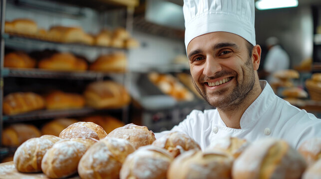 A cheerful man in a chef's uniform is holding up bread rolls on a wooden board in a bakery kitchen